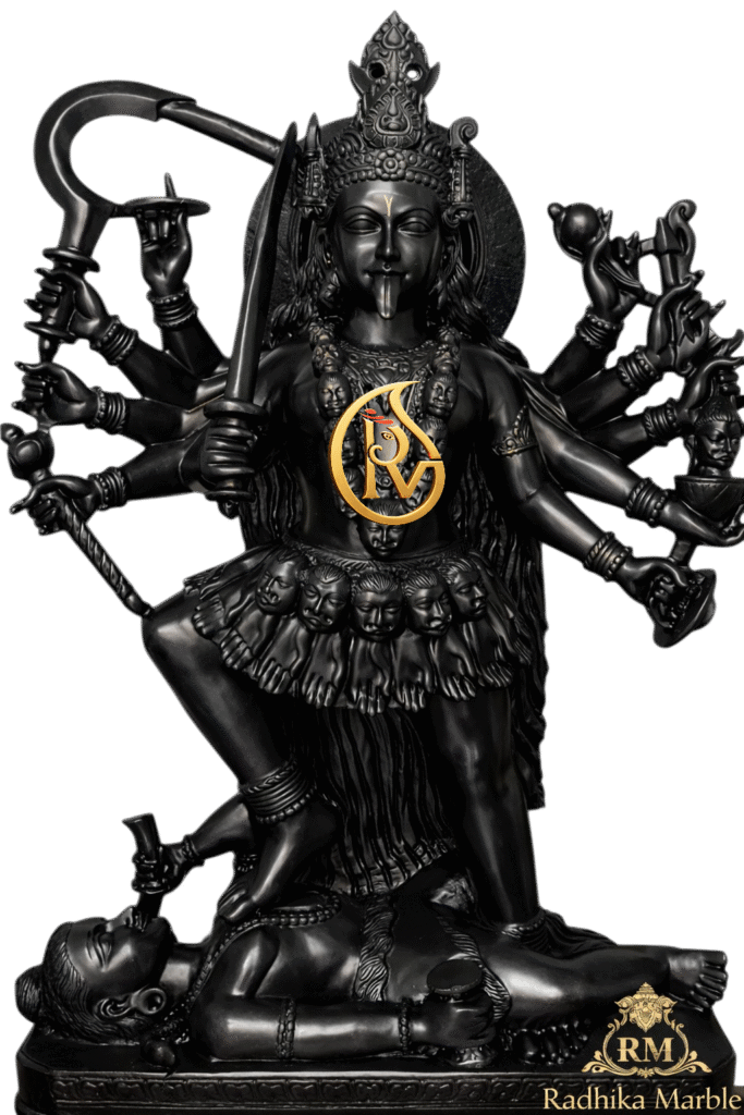 Handcrafted Kali Mata marble statue made from premium black marble for temple worship