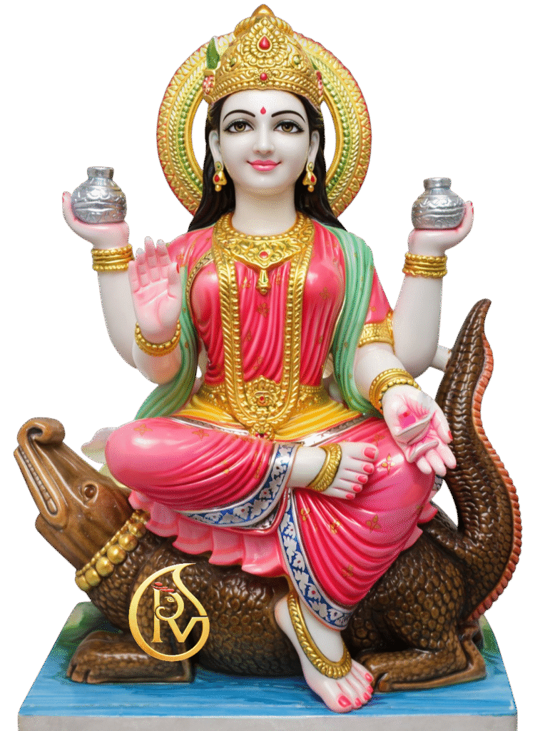 Handcrafted white marble Ganga Mata statue sitting on Makara for temple and home mandir worship
