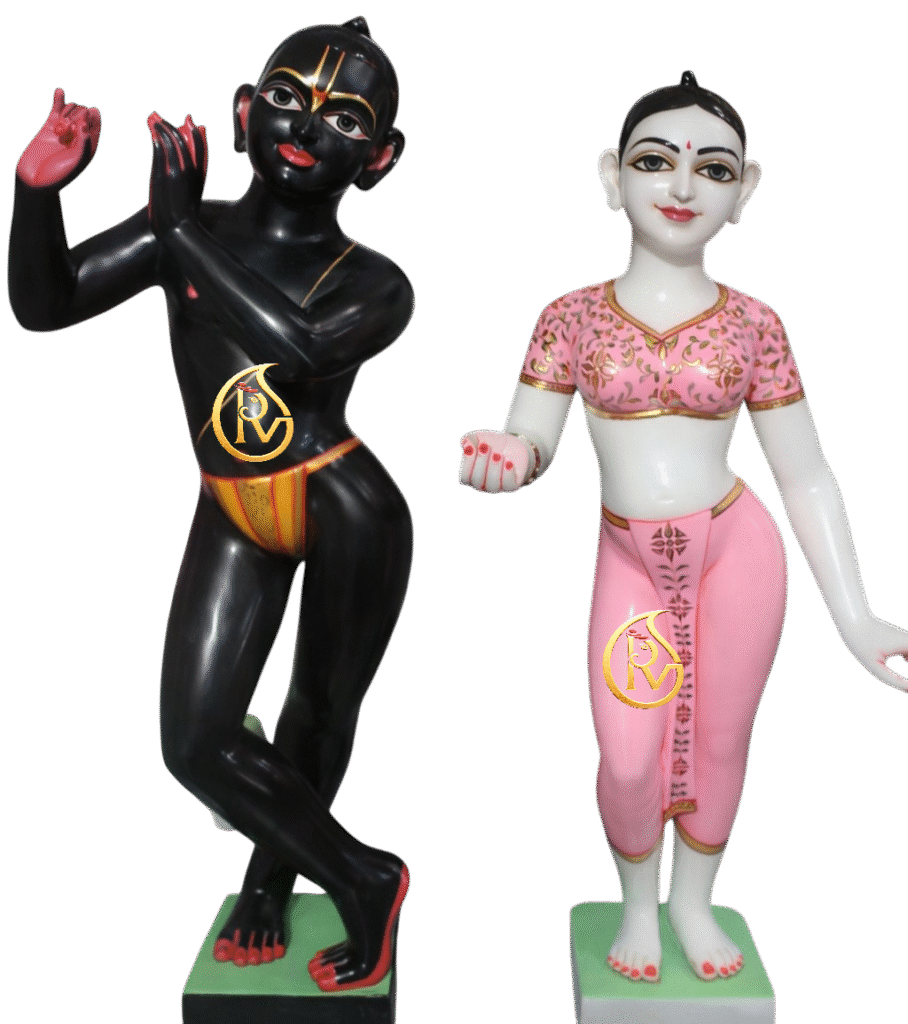 Handcrafted Makrana marble Radha Krishna statue inspired by ISKCON temple style