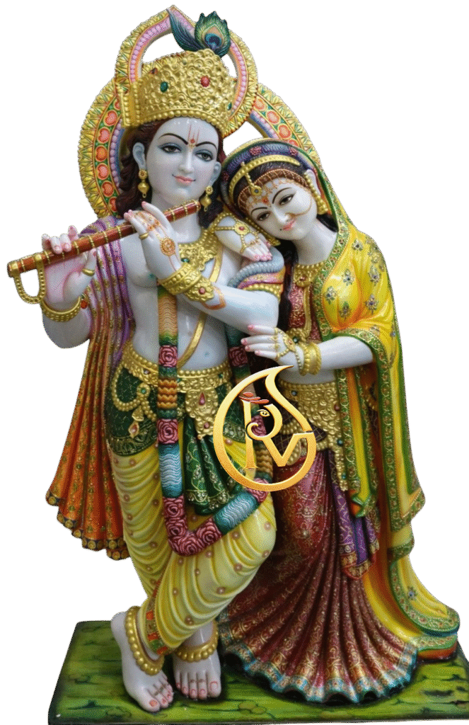 Radha Krishna marble statue with cow in white marble