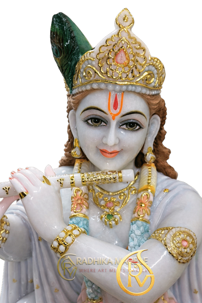 Handcrafted Makrana marble Krishna playing flute statue for temple and home mandir worship
