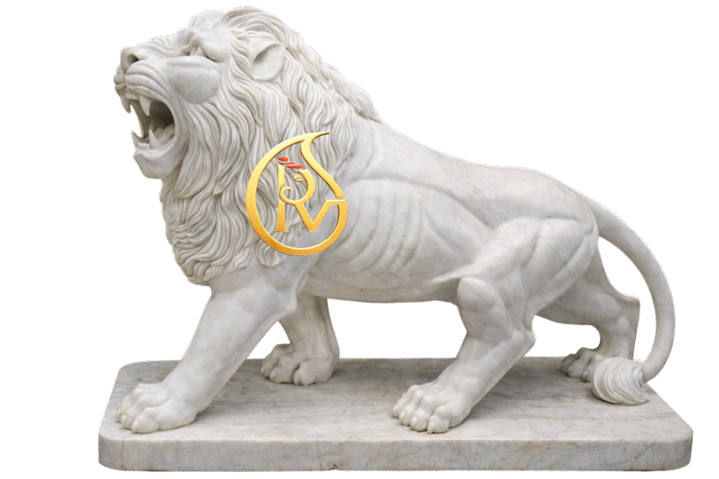 Handcrafted marble lion sculpture statue for garden decor, temple entrance, and architectural landscaping
