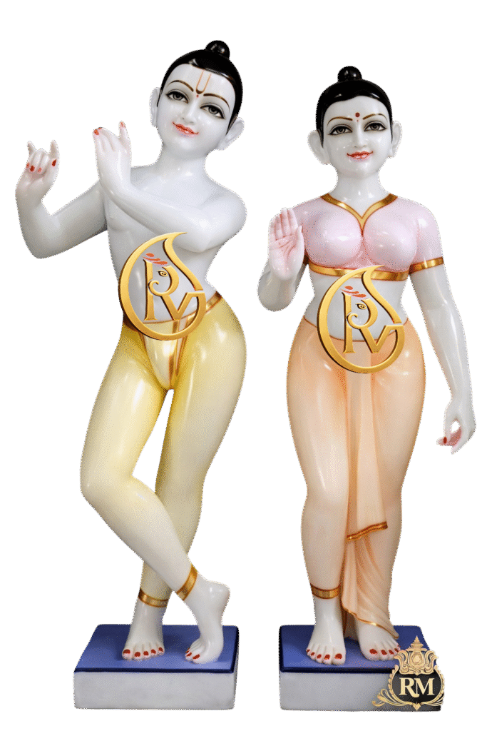 Handcrafted ISKCON Radha Krishna marble statue made from Makrana white marble for temple worship