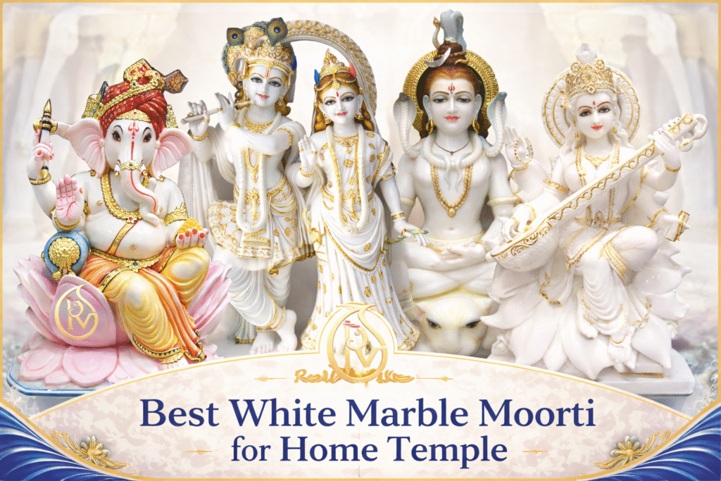 White marble moorti for home temple including Ganesh idol, Radha Krishna statue, Shiva statue and Saraswati idol handcrafted in Jaipur by Radhika Marble