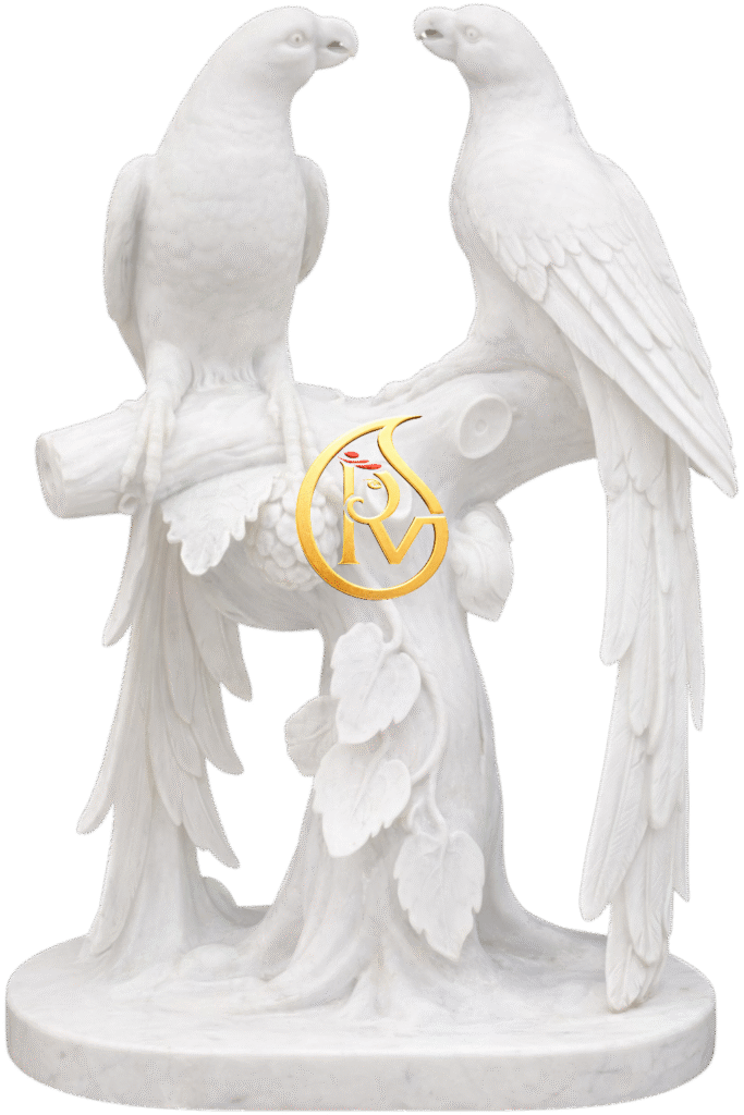 Handcrafted white marble parrot statue sculpture for garden decor, home decoration, and architectural display