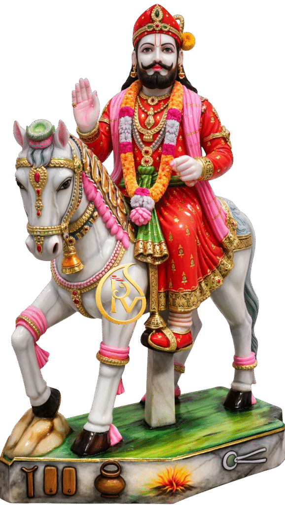 Handcrafted white marble Ramdev Baba statue riding horse made from Makrana marble for temple and home mandir worship