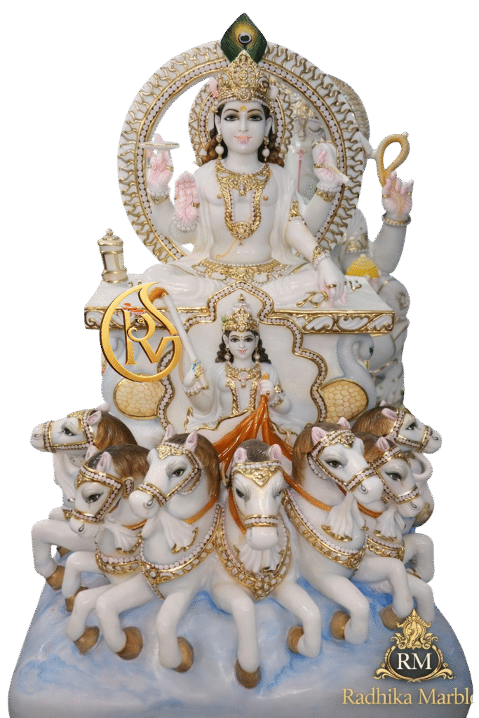 Handcrafted white marble Surya Bhagwan statue with seven horses chariot made from Makrana marble