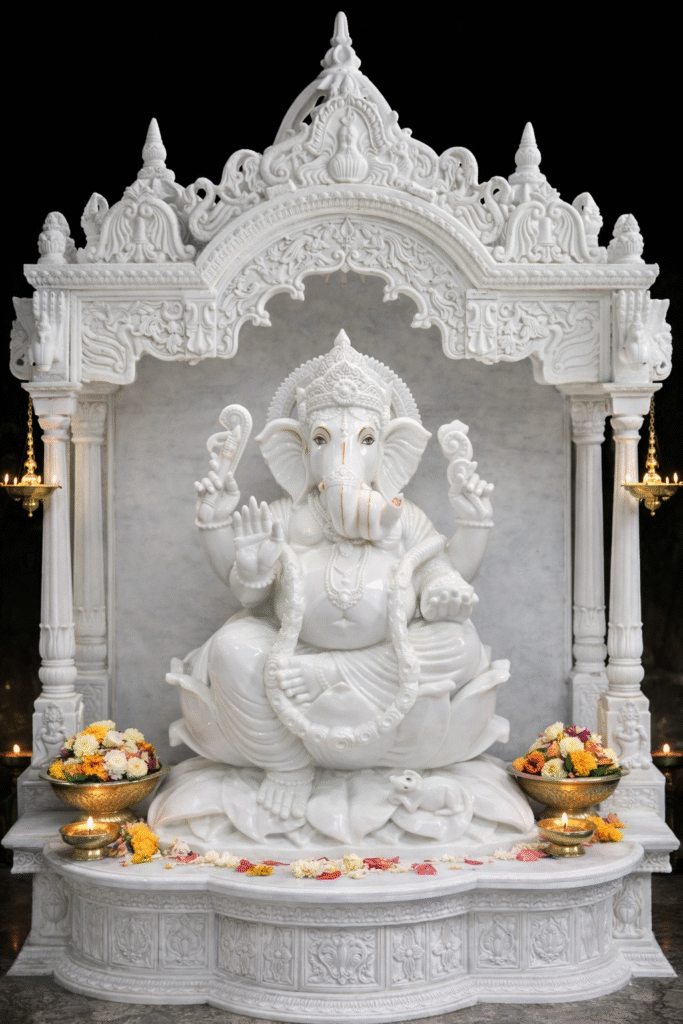 white marble ganesh idol in home temple makrana marble mandir radhika marble